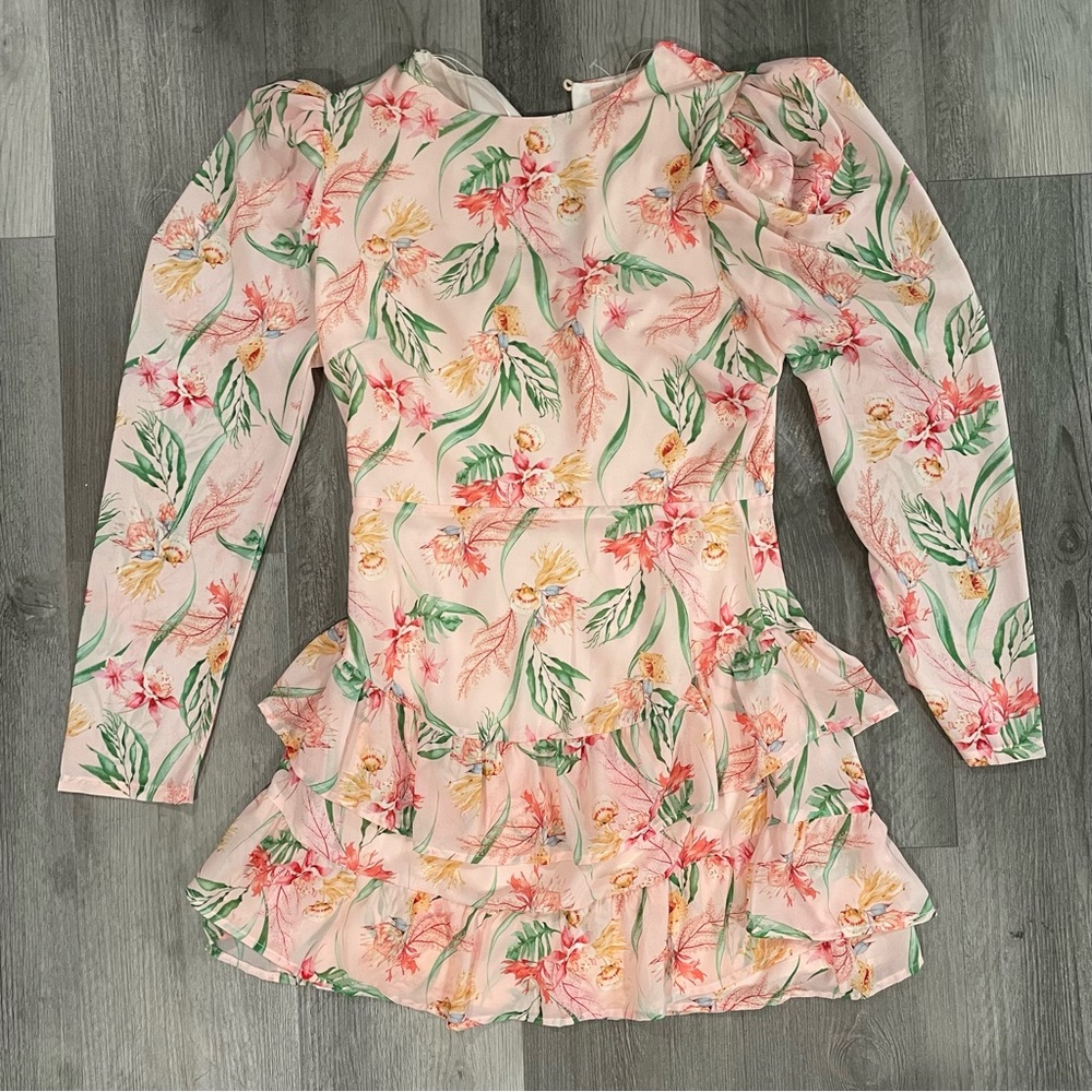 Long Sleeve Pink Floral Puff Shoulder Tiered Ruffle Mini Dress